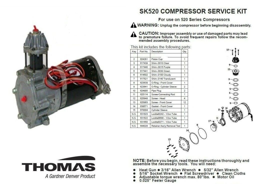 Refrigerant recovery Compressor Service parts. Thomas Compressor 515CK